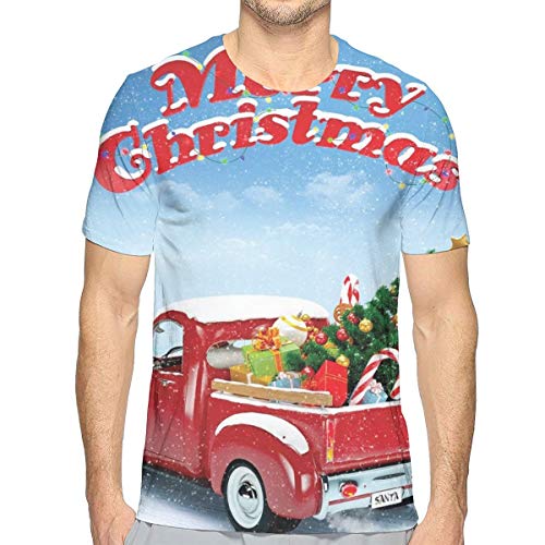 JJIAYI Mens 3D Printed T Shirts,Pickup Truck Filed with Ornament Cold December Weather Snowflakes Merry Christmas L