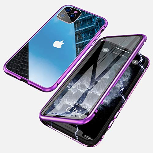 Jonwelsy Funda para iPhone 11 Pro (5,8 Pulgada), Adsorción Magnética Parachoques de Metal con 360 Grados Protección Case Cover Transparente Ambos Lados Vidrio Templado Cubierta (Morado)