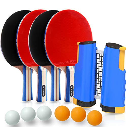 Joy.J Sport Conjunto de Tenis de Mesa con Red, 4 Raquetas + 6 Bolas/Pelotas de Tenis de Mesa + 1 Red Retráctil, Juego de Tenis de Mesa Portátil para Interior al Aire Libre