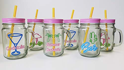 Juego de 6 vasos con pajita de 450 ml, vasos con tapa con asa, edición Ice Cold Verano Retro Look Vintage Vasos para fiesta Bar playa de cristal
