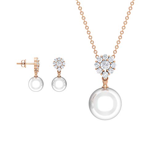 Juego de joyas de perlas y diamantes de 16,96 quilates, colgante y pendientes de oro (8 mm, 10 mm perla redonda de agua dulce) blanco