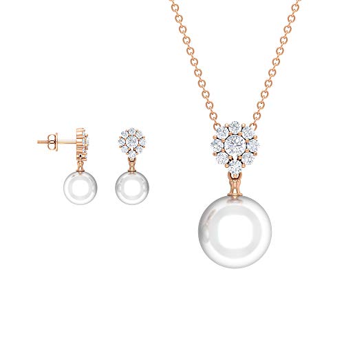 Juego de joyas de perlas y diamantes de 16,96 quilates, colgante y pendientes de oro (8 mm, 10 mm perla redonda de agua dulce) blanco Juego de joyas de perlas y diamantes de 16,96 quilates, colgante y pendientes de oro (8 mm, 10 mm perla redonda de agua dulce) blanco
