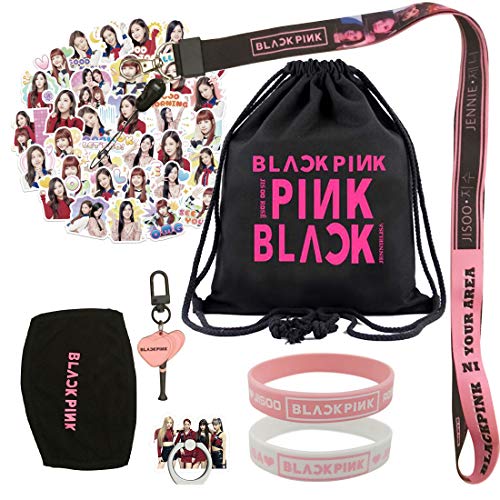 Juego de regalo Blackpink para Blink: 1 bolsa de cordón Blackpink / 19 pegatinas / 2 pulseras / 1 soporte para anillo de teléfono / 1 cordón / 1 llavero