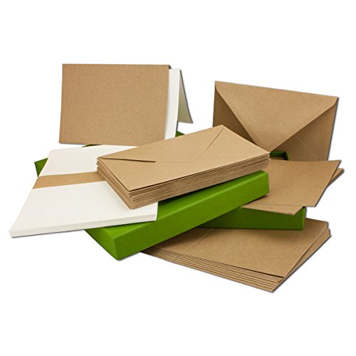 Juego de tarjetas de papel kraft vintage con sobres y hojas extra en caja de regalo, 25 juegos I tarjetas de reciclaje marrón natural I DIN A6/C6