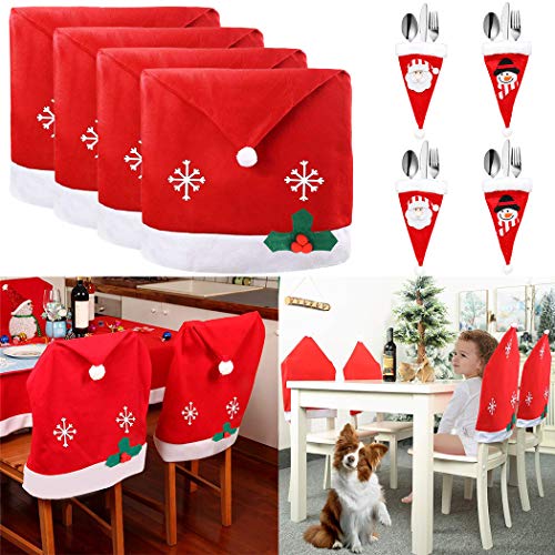 JUSTDOLIFE 4 PCS Cubierta de la Silla de Navidad, 4 PCS Soportes Cubiertos de Muñeco de Nieve de Papá Noel para Decoración de Mesa de Cocina, Nochebuena/Cena-Navidad (Adornos navideños)