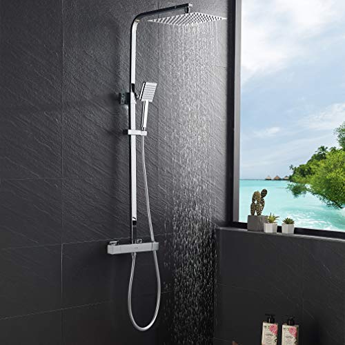 KAIBOR Sistema de Ducha Termostática Cuadrada, Conjunto de Ducha con 10" Alcachofa Ducha Lluvia y Barra Altura Ajustable, Columna de Ducha para Baño en Acero Inoxidable, Anti-caliente KAIBOR Sistema de Ducha Termostática Cuadrada, Conjunto de Ducha con 10" Alcachofa Ducha Lluvia y Barra Altura Ajustable, Columna de Ducha para Baño en Acero Inoxidable, Anti-caliente