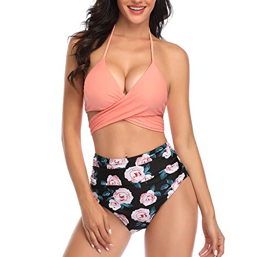 KEERADS - Bikini push up para mujer, juego de dos piezas, traje de playa cruzado, con sujeción al cuello, triángulo, estilo bandeau, playa, deporte, split y flores Rosa. M