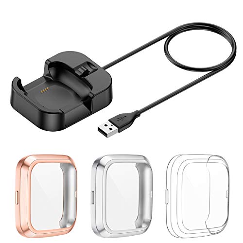 KIMILAR 1+3 Pack Cargador + Protector de Pantalla Compatible con Fitbit Versa 2 (Se Puede Cargar con Estuche en), Base de Carga USB Repuesto Cargador con TPU Funda Cover Case für Versa 2