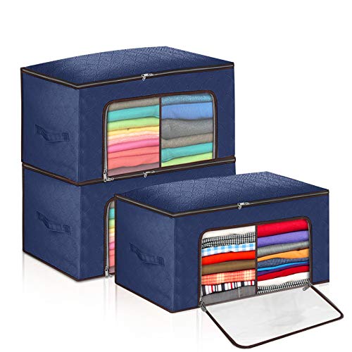 king do way 3PCS Cajas Almacenaje Ropa, Bolsa de Almacenamiento de Gran Capacidad con Ventana Transparente y Cremallera Lateral, Organizador de Transpirable para Edredones y Mantas 58x36x32cm