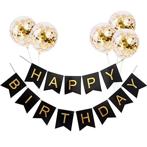 Kit de decoración de fiesta de cumpleaños, 1 pancarta de feliz cumpleaños y 5 piezas de globos de confeti de oro para decoraciones de fiesta de cumpleaños, suministros para fiestas