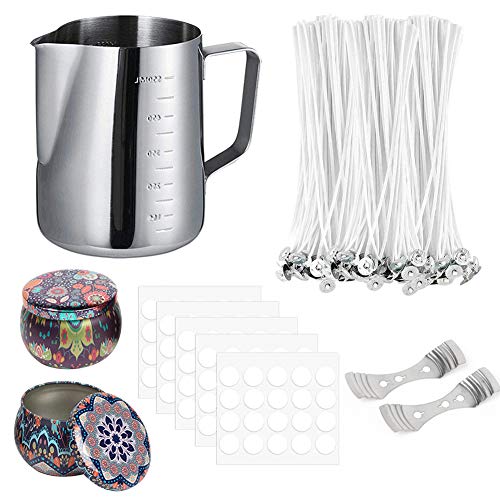 Kit de fabricación de velas, herramientas de manualidades con 1 maceta para hacer velas, 50 mechas de velas, 100 pegatinas de mechas, 2 soportes para mechas y 2 tarros de metal de hojalata Kit de fabricación de velas, herramientas de manualidades con 1 maceta para hacer velas, 50 mechas de velas, 100 pegatinas de mechas, 2 soportes para mechas y 2 tarros de metal de hojalata