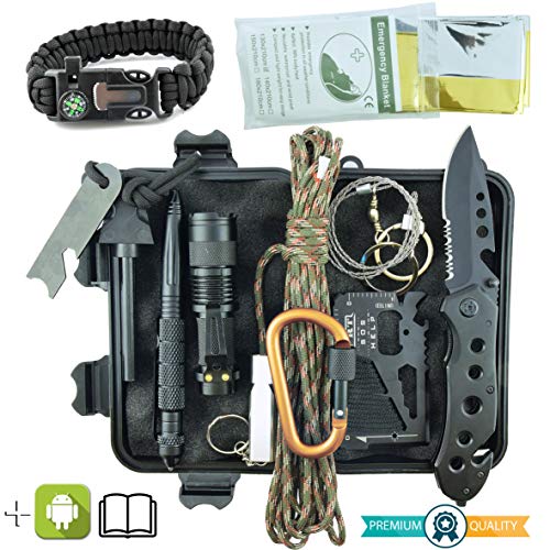 Kit de Supervivencia Militar Profesional de Tercera Generación Emergencia Montaña Excursión Senderismo al Aire Libre 11En1 Linterna Pulsera Táctica Paracord Multiuso Pedernal Navaja Viaje Acampar