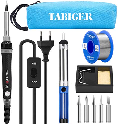 Kit del Soldador Tabiger, Soldador Electrico con Temperatura Ajustable e interruptor de encendido/apagado, 60W 220V Soldador de estaño con 5PCS diferentes puntas de soldadura, soldadura y así Kit del Soldador Tabiger, Soldador Electrico con Temperatura Ajustable e interruptor de encendido/apagado, 60W 220V Soldador de estaño con 5PCS diferentes puntas de soldadura, soldadura y así