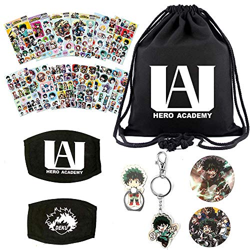 KKSJK Set de regalo My Hero Academia – 1 bolsa con cordón, 12 hojas adhesivas, 2 chapas, 1 anillo para el móvil y 1 llavero.