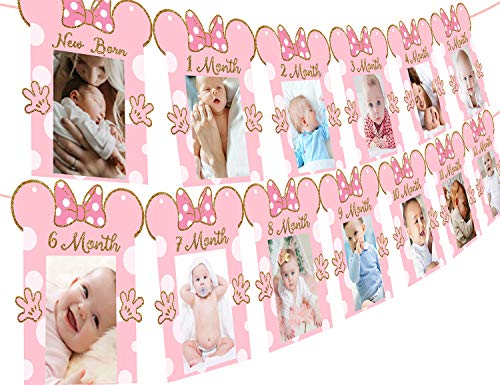 Kreatwow Minnie Photo Banner Banner de cumpleaños para recién nacidos de 12 meses de color rosa y dorado para suministros de decoraciones de 1er cumpleaños con temática de Minnie