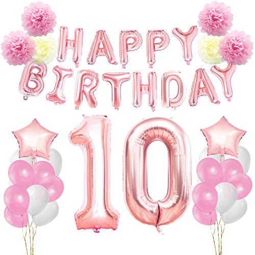 KUNGYO Decoraciones de Feliz Cumpleaños 10 Oro Rosa Happy Birthday Bandera Gigante Número 10 y Estrella de Helio Globos Cintas Flores de Papel Pom Globos de látex KUNGYO Decoraciones de Feliz Cumpleaños 10 Oro Rosa Happy Birthday Bandera Gigante Número 10 y Estrella de Helio Globos Cintas Flores de Papel Pom Globos de látex