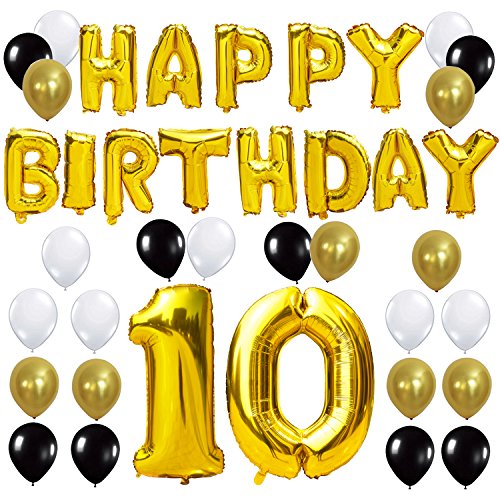 KUNGYO Letras Tipo Balón Doradas Happy Birthday+Número 10 Mylar Foil Globo+24 Piezas Negro Oro Blanco Globo de Látex 10 Años de Antigüedad Fiesta de Cumpleaños Decoraciones KUNGYO Letras Tipo Balón Doradas Happy Birthday+Número 10 Mylar Foil Globo+24 Piezas Negro Oro Blanco Globo de Látex 10 Años de Antigüedad Fiesta de Cumpleaños Decoraciones
