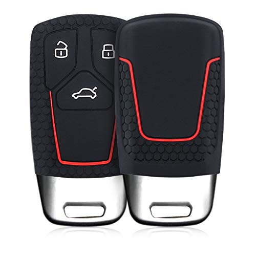 kwmobile Funda de Silicona Compatible con Audi Llave de Coche Smartkey de 3 Botones (Solo Keyless Go) - Carcasa Suave de Silicona - Case Mando de Auto Negro/Rojo