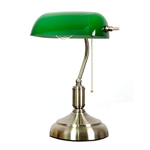 Lámpara de mesa de noche Lámpara de banquero retro, luz de escritorio de estilo antiguo Pantalla de vidrio verde esmeralda con base de latón satinado e interruptor de cordón de metal con cuentas Lámpa
