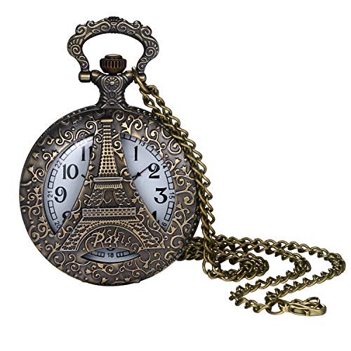 Lancardo Reloj de Bolsillo Retro Cadena de Suéter Reloj Decorativo Redondo Estuche con Decoración Relieve Torre Eiffel de París Dial de Escala Digital Reloj de Cuarzo de Color Bronce No Impermeable