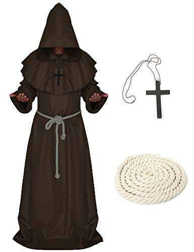 LATH.PIN Cosplay Capa Medieval Vestido Halloween Vestido con Capucha Disfraz de Frate Vestido Carnaval Mónaco marrón L