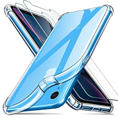 Leathlux Funda iPhone XR + [2 Pack] Cristal Templado Protector de Pantalla, Ultra Fina Silicona Transparente TPU Carcasa Airbag Anti-Choque Anti-arañazos Cover iPhone XR