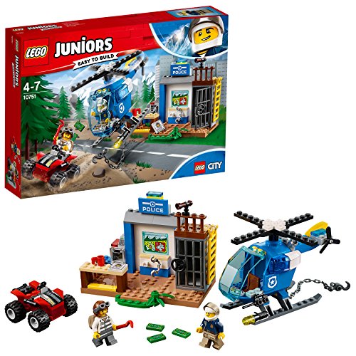 LEGO Juniors - Persecución Policial en la Montaña, Juguete de Policía de Construcción con Helicóptero para Niños de 4 a 7 Años, Incluye Minifiguras y Vehículo Todoterreno (10751)
