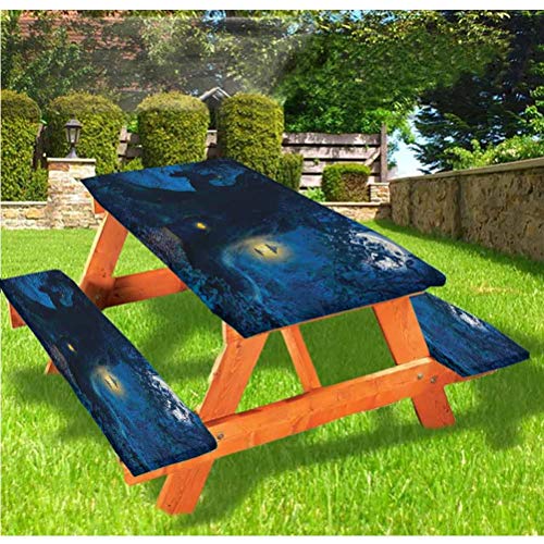 LEWIS FRANKLIN Cortina de ducha de fantasía para mesa de picnic y banco, mantel ajustable, diseño de árbol antiguo en maderas con borde elástico, 70 x 72 cm, juego de 3 piezas para mesa plegable