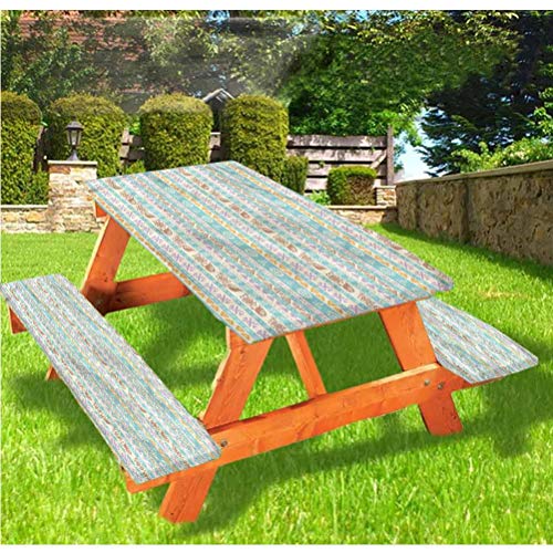 LEWIS FRANKLIN - Mantel ajustable para mesa de picnic y banco de rayas, diseño antiguo y de arte mítico con borde elástico, 70,8 x 172,8 cm, juego de 3 piezas para mesa plegable