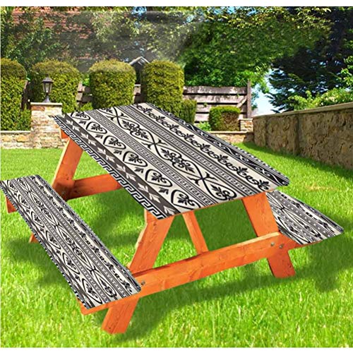 LEWIS FRANKLIN - Mantel ajustable para mesa de picnic y banco, diseño de hojas antiguas y bordes elásticos, 28 x 72 pulgadas, juego de 3 piezas para mesa plegable