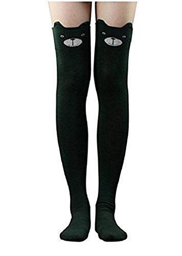 Live it estilo it para mujer Cat Bear Cartoon largo calcetines rodilla alta medias negro azul gris Verde Green Bear Talla Ì¼nica