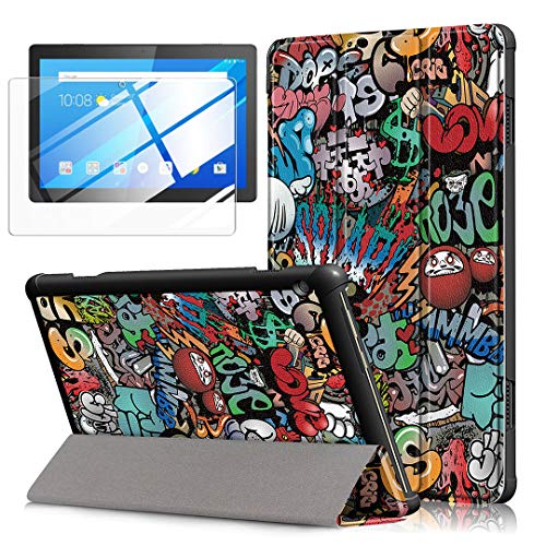 LJSM Funda + Protector Pantalla para Lenovo Tab M10 TB-X605F / TB-X505F 10.1" - Vidrio Templado, Carcasa Silicona Smart Cover con Soporte Función Caso PU Flip Case - Graffiti