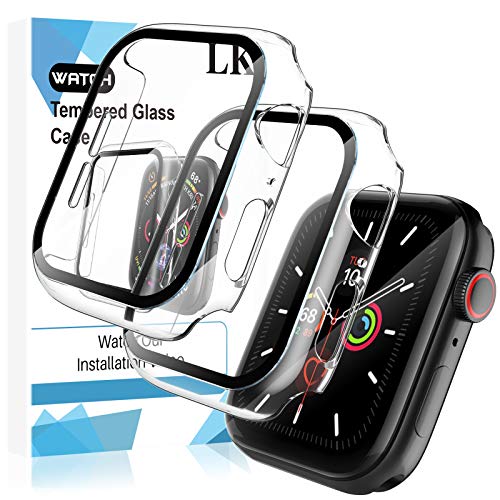 LK Compatible con Apple Watch Series 6 Series 5 Series 4 SE 44mm Protector de Pantalla,2 Pack,PC Funda, Cristal Vidrio Templado
