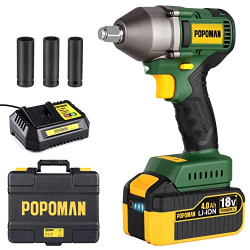 Llave de Impacto Brushless, POPOMAN 4.0Ah Batería Pistola de Impacto 350NM, 3 Velocidades Varibles, 3 Vasos de impacto 17, 19, 21 mm, Cargadro Rápido, 13 mm Mandril, Caja Compacta Llave de Impacto Brushless, POPOMAN 4.0Ah Batería Pistola de Impacto 350NM, 3 Velocidades Varibles, 3 Vasos de impacto 17, 19, 21 mm, Cargadro Rápido, 13 mm Mandril, Caja Compacta
