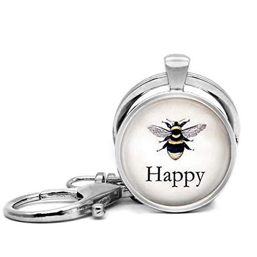 Llavero de acero inoxidable con llavero, ligero y decorativo, ideal como regalo para hombres y mujeres, Bee Happy Vintage Bee Litografía de abeja Honeybee