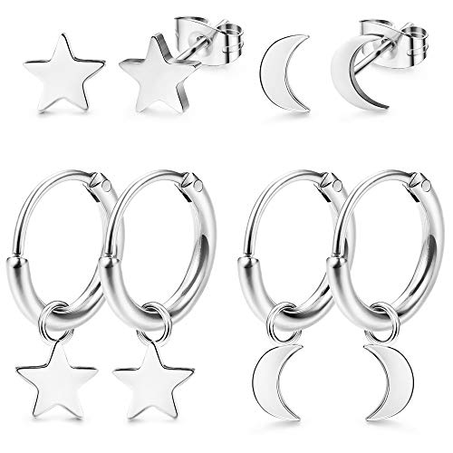 LOLIAS 4 Pares Acero inoxidable Pendientes Aro para Mujeres Niñas Pendientes Pequeños Aretes Estrella Luna Piercing Stud de Cartílago Huggie LOLIAS 4 Pares Acero inoxidable Pendientes Aro para Mujeres Niñas Pendientes Pequeños Aretes Estrella Luna Piercing Stud de Cartílago Huggie