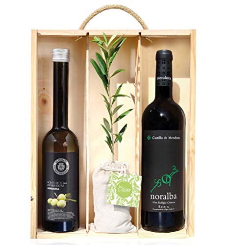 Lote Gourmet Regalo Delecta con árbol olivo natural para plantar, aceite de oliva virgen extra y botella de vino tinto en caja de madera con tapa y asa