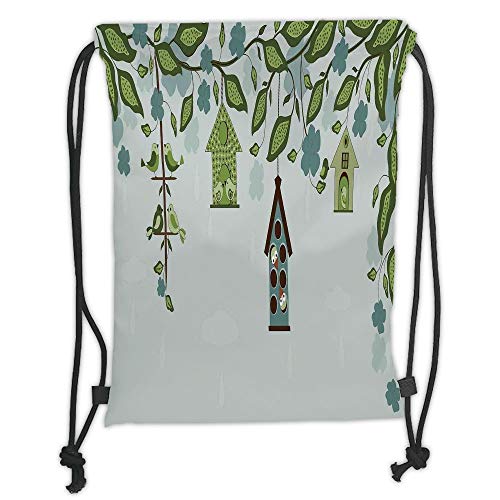 LULUZXOA Gym Bag Printed Drawstring Sack Backpacks Bags,Flying Birds Decor,Birds Sitting in Cages Hanged on Elegant Floral Tree Branches Peace Blossom Decor,Green Blue Soft Satinr