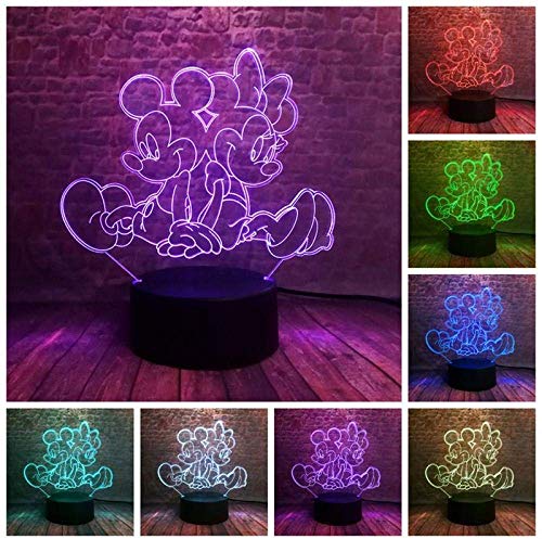 Luz de noche Lámpara de luz de ilusión 3D Led Mickey y Minnie Modelo Luz de noche de ilusión 3D 7 Cambio de luz colorida Figura de anime de Mickey Mouse Juguetes para niños-7 colores