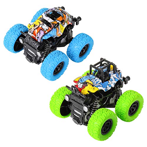 m zimoon Camión Monster Inercia, Camion Monster Truck Juguetes Vehículos Fricción Rotación de 360 Grados Tire hacia Atrás Coches para Niños de 3 a 12 Años Niñas Niños(Azul + Verde, 2pcs )