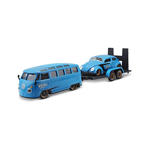 Maisto Design Elite Transporter Volkswagen Van Samba + Volkswagen Beetle: Modelo transportador con Remolque, 2 Coches Modelos, Puertas para Abrir, Escala 1:24, 43 cm, Azul (532752), 532751