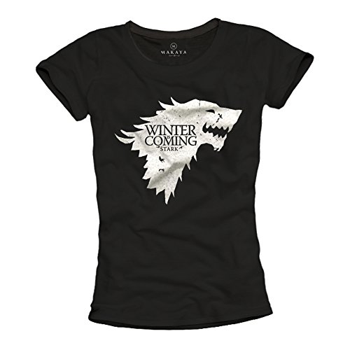 MAKAYA Camiseta Negra Mujer - Winter IS Coming Stark - Juego de Tronos M