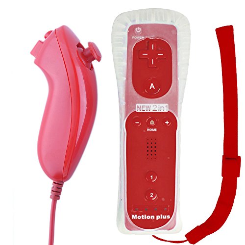 Mando Remote + Motion Plus + Nunchuck + Funda + Correa para Nintendo Wii - Wii U - Wii Mini, Color Rojo