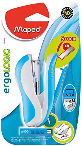 Maped Ergologic - Grapadora de bolsillo para grapas n.º 10, reserva de grapas y quitagrapas integrados, incluye 1 caja de 400 grapas, color azul