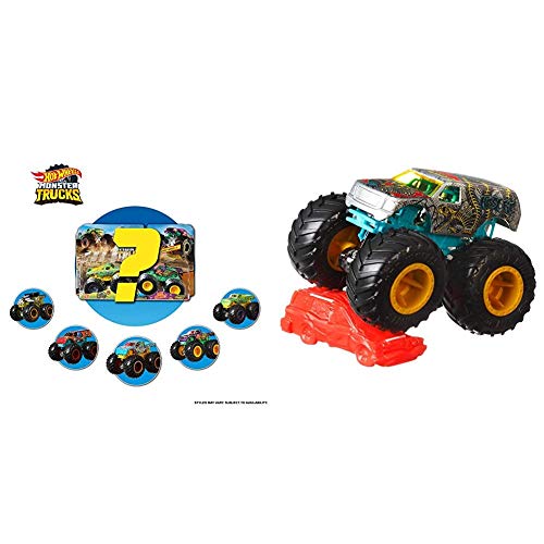 Mattel - Hot Wheels Monster Truck Duos FYJ64 de Demolición, Modelos aleatorios, Paquete de 2, Modelos Surtidos + Hot Wheels Monster Trucks Coches de Juguetes 1:64 Bone Shaker
