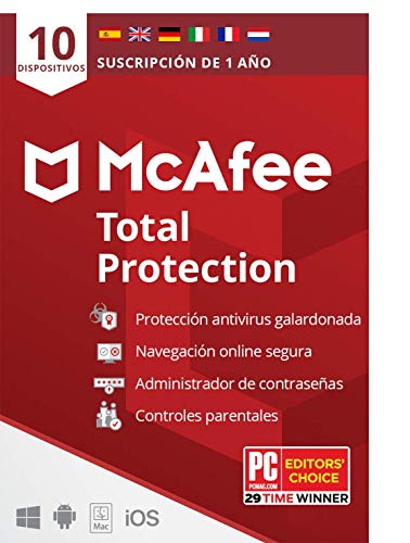 McAfee Total Protection 2021, 10 Dispositivos, 1 Año, Software Antivirus, Seguridad de Internet, Móvil, Control Parental, Compatible con PC/Mac/Android/iOS, Edición Europea, Código por Correo