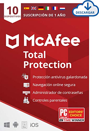 McAfee Total Protection 2021, 10 Dispositivos, 1 Año, Software Antivirus, Seguridad de Internet, Móvil, Control Parental, Compatible con PC/Mac/Android/iOS, Edición Europea, Descarga