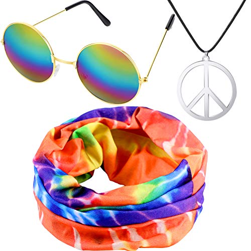 meekoo El Conjunto de Vestuario Hippie Incluye Diadema Hippie, Collar con el Signo de la Paz y Gafas Estilo Hippie para Las Fiestas temáticas de los años 60 o 70 (Color Set 1)