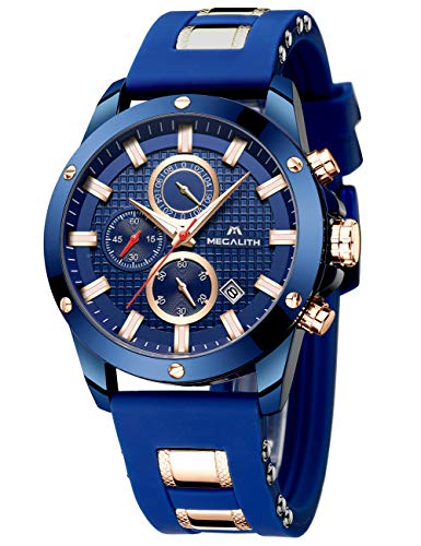 MEGALITH Reloj Hombre Azul Cronografo Reloj Grande Hombre Deportivo Analógico Reloj de Pulsera de Goma Impermeable Luminosos