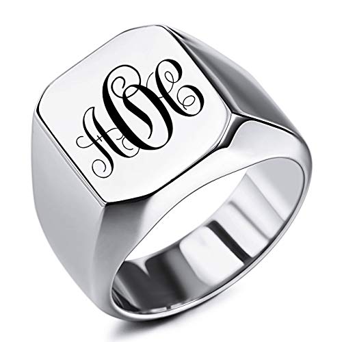 MeMeDIY Anillo de Sello de Monograma Inicial Grabado Personalizado para Hombres, Mujeres, niños, Acero Inoxidable para Hombres, Paquete con ajustadores de tamaño de Anillo(Plata Color, Talla 15)